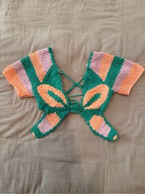 Handmade Crochet Butterfly Crop Top in Green, Peach & Lavender